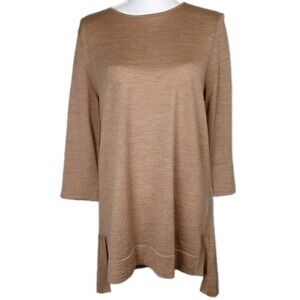 J Jill Merino Wool Tunic Top Camel M P Washable Tan 3/4 Sleeve NWT Lagenlook
